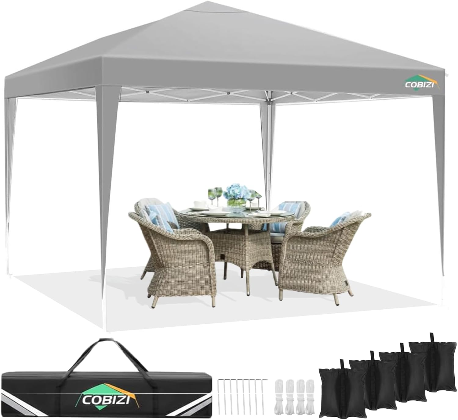 COBIZI 10x10 Pop Up Canopy Tent Without Sidewall, UPF 50+ Waterproof Outdoor Canopy, Instant Tent Portable Canopies Gazebo for Commercial Sun Shade Party Backyard with 4 Sandbags(Gray)