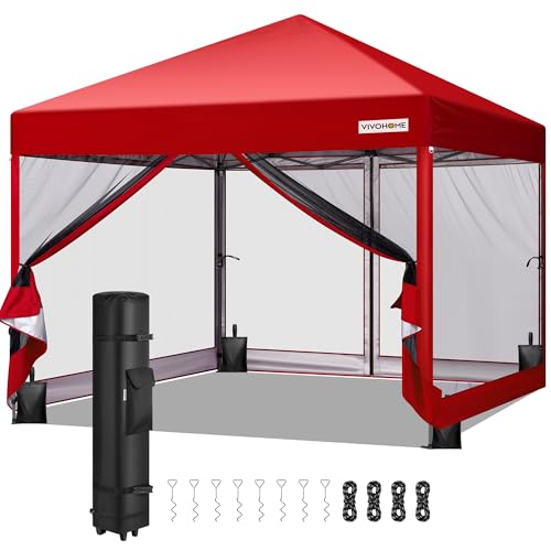 VIVOHOME 8x8ft Easy Pop-Up Canopy, Outdoor Screen Tent with Mosquito Netting, 2 Zipper Doors, and Roller Bag for Yard Camping Picnic Party Events, Red