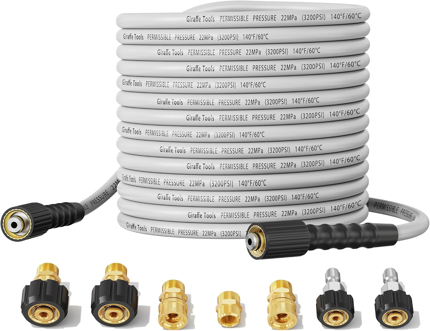 Giraffe Tools Pressure Washer Hose 100FT X 1/4", 3200 PSI Pressure Washing Hose, Kink Resistant, Heavy Duty Power Washer Hose, M22 to 3/8" Quick Connect Couplers for Replacement, 7 Accessories