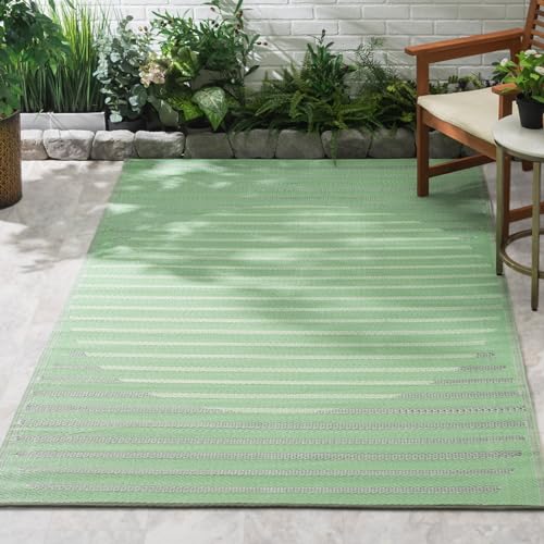 Fab Habitat Striped Outdoor Rug - Waterproof, Fade Resistant, Crease-Free, Reversible - Premium Recycled Plastic - Patio Porch Balcony Deck - Kyoto - Green - 8 x 10 ft