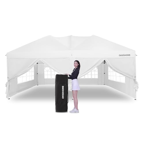 OASISHOME Pop-up Gazebo Canopy Tent 10'x20' with 6 Removable Sidewalls, Windows, Stakes, Ropes, Carry Bag,Suitable for Patio, Outdoor, Wedding Parties&Commercial Events (White, 10X20)