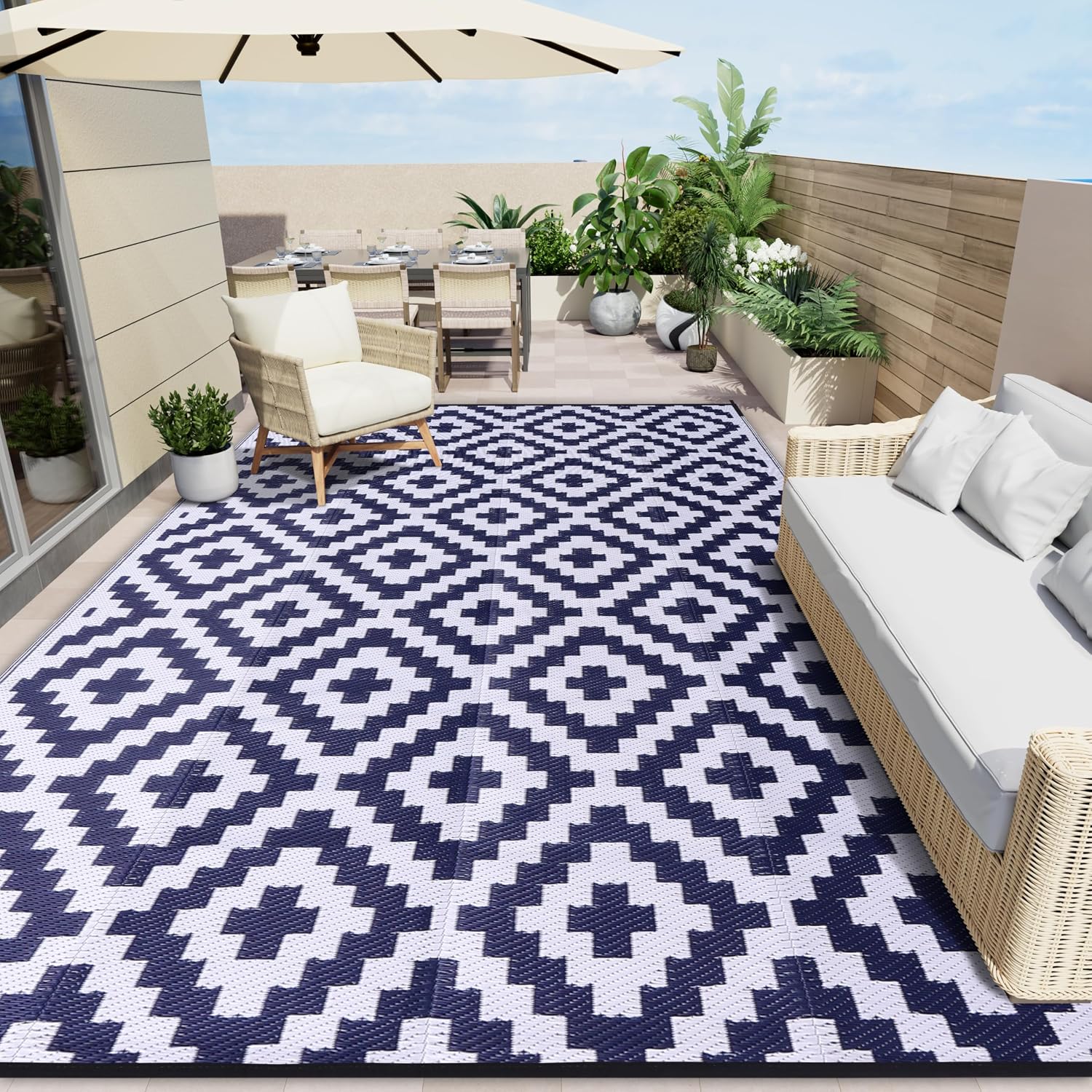 OLANLY Waterproof Outdoor Rug 9x12 ft, Outdoor Plastic Straw Rug for Camping, RV Mat Outside, Indoor Outdoor Carpet for Porch, Deck, Backyard, Balcony, Picnic, Navy & White