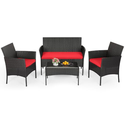 FDW | 4-Piece Patio Furniture Set | Red | Outdoor Wicker Furniture with Coffee Table | Modern Rattan Chairs Conversation Set | Outdoor Seating | Weather-Resistant | for Porch, Garden, Lawn