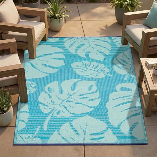 FH Home Outdoor Rug - Waterproof, Fade Resistant, Reversible - Premium Recycled Plastic - Tropical, Botanical - Patio, Deck, Porch, Balcony - Hana Leaves - Blue Crease Free - 5 x 8 ft