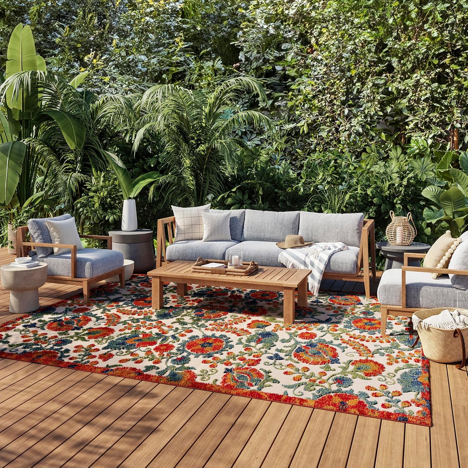 Nourison Home Aloha Indoor Outdoor Red Multicolor 6' x 9' Area Rug, Easy Cleaning, Non Shedding, Bed Room, Living Room, Dining Room, Backyard, Deck, Patio (6x9)