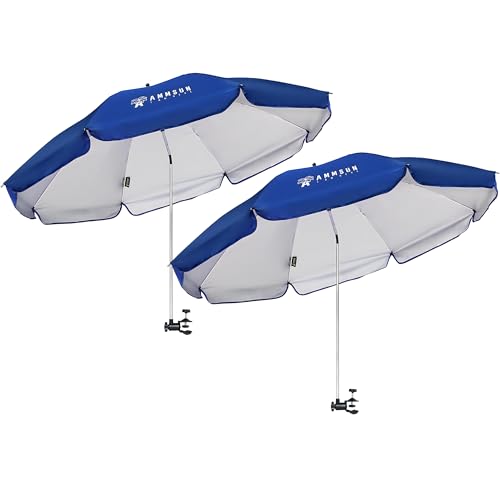 AMMSUN XL Chair Umbrella with Universal Clamp Adjustable 47 inches and 360-degree Swivel UPF 50+, Portable Clamp on Camping or Beach Chair, Stroller, Wheelchair, Golf cart, Blue, 2 PACK