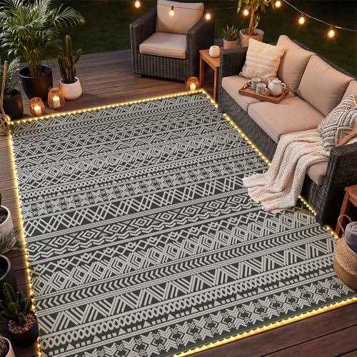 MontVoo-Outdoor Rug Carpet 8x10 ft for Patio RV Camping with Led Strip Lights Waterproof Plastic Straw Rug Reversible Portable Outside Indoor Outdoor Rug Mat for Patio Decor Balcony Picnic-Boho Rug