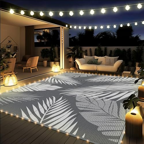GENIMO Outdoor Rug 6' x 9' Waterproof for Patios Clearance, Reversible Outdoor Plastic Straw Camping Rug Carpet with LED String Light, Area Rugs Mats for RV, Camper, Deck, Balcony, Porch, Grey&White