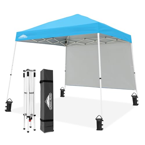EAGLE PEAK 10x10 Pop Up Canopy Tent with Sidewall, Compact, Portable Slant Leg Instant Sun Shelter for Beach, Sports, & Camping, 10x10 Base 8x8 Top, Light Blue
