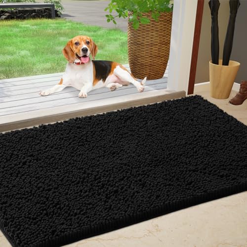 IM HOME Chenille Absorbent Outdoor Doormat 71" x 25", Washable Muddy Door Mats for Dog Non Slip Heavy Indoor Doormat Soft Front Inside Doormats for Entryway, Mud Dog Paws, Patio Black