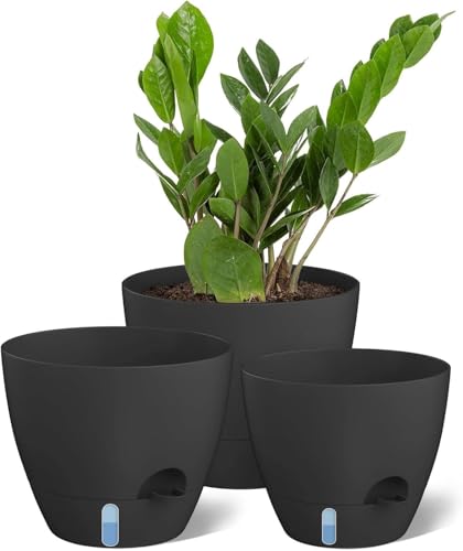 ZMTECH 9/10/12 Inch Self Watering Plant Pots with Watering Lip, Planters with Drainage Holes and Removable Saucer, Plastic Flower Pots for Indoor Outdoor Plants (3 Pack, Pure Black)