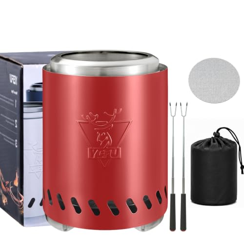 YEFU Tabletop Fire Pit 9.7 x 7.1 in, Low Smoke Camping Stove for Outdoor & Patio, Fueled by Pellets or Wood, Safe Burning Table Top Firepit, with Travel Bag & 2 Mini Sticks & Fireproof Mat, Red