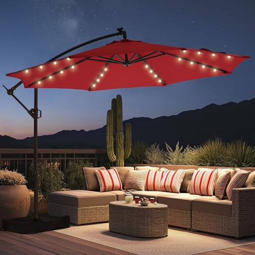 HOMSHADE 10ft Solar Lights Offset Cantilever Patio Umbrella - with Light and Base, LED Lighted Offset Hanging Patio Outdoor Market Umbrella UPF50+ UV Protection with Easy Tilt and Crank (Red)