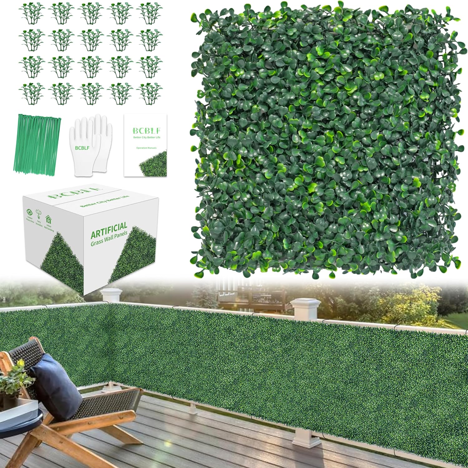 10x10Inch 20Pcs Grass Wall Panels, 4 Layers UV-Anti Boxwood Greenery Hedge with 50 Zip Ties, No Odor Artificial Fake Grass Backdrop Indoor Outdoor Privacy, Birthday Wedding Decor, 14 SQ FT