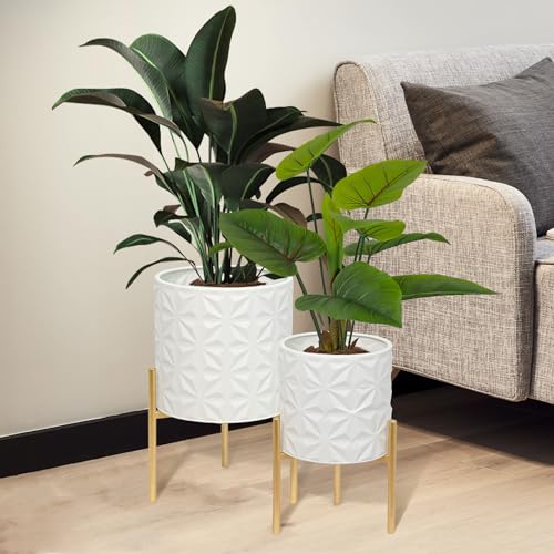 ARNIS Modern Planter Pots, Set of 2 Large Planters with Stand, Decorative Planters, Metal Pots with Drainage Holes for Living Room, Office, Garden or Balcony, 8.25 &10.5 Inch, Matte White