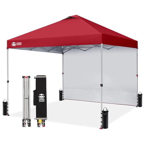 CROWN SHADES 12x12 Pop Up Canopy Tent Instant Commercial with 150D Silver Coated Fabric Including 1 Removable Sidewall, 4 Ropes, 8 Stakes, Weight Bags, STO 'N Go Bag, Red