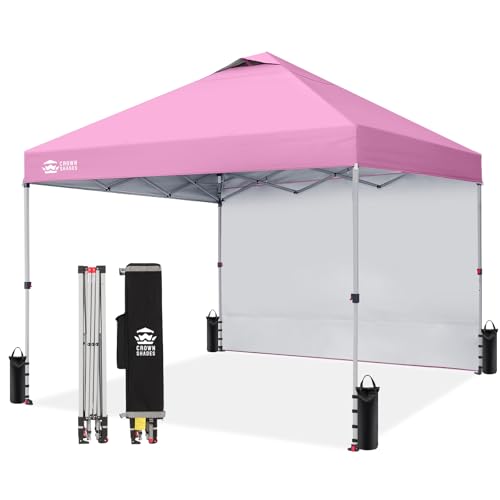 CROWN SHADES 10x10 Pop Up Canopy with 1 Side Wall - Beach Tent with One Push Setup - Outdoor Sun Shade for Events, Parties, Camping - Gazebo with STO-N-Go Cover Bag (Pink)