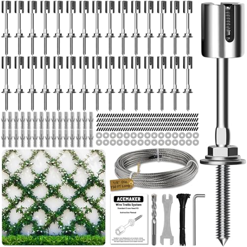 Wire Trellis for Climbing Plants Outdoor, 30-Set Wall Wire Trellis Kit with 1/8in x 150ft Stainless Steel Cable, T316 Espalier System for Fence and Garden DIY Projects