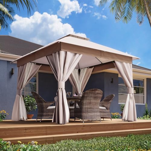 LAUSAINT HOME Outdoor Patio Gazebo 10'x10' with Expansion Bolts, Heavy Duty Party Tent & Shelter with Double Roofs, Mosquito Nettings and Privacy Screens for Backyard, Garden, Lawn, Khaki