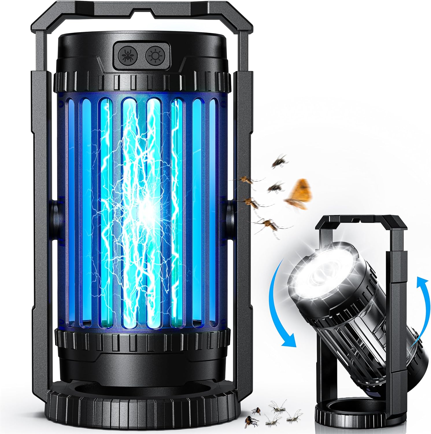 Solar Bug Zapper Outdoor Indoor, Mosquito Zapper with Large-Capacity 5000mAh Battery, 4 in 1 Insect Fly Zapper with Spotlights, Rechargeable & Cordless for Camping, Fishing, Patio, Home Black