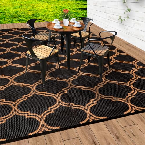 Rv Mat Tent Rug Outdoor Camper Rug 9x12 Plastic Straw Mat Waterproof Brown Rv Outdoor Rugs for Patio, Camping Mats for Outside,Fade,Stain Resistant Black& Tan Fall Decor for Deck,Balcony