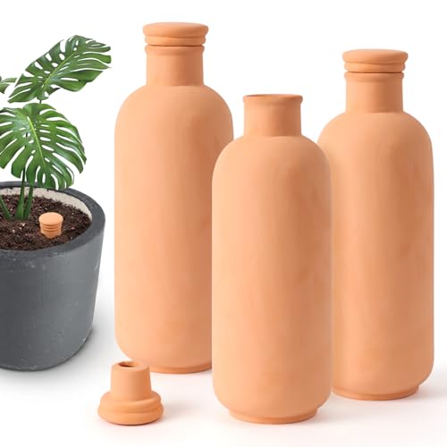 3pcs Terracotta Plant Watering Globes 3.5 * 10inch Terracotta Watering Pots Self Watering Planter 900ml for Indoor Outdoor Plants Clay Plant Watering Globes Planter Insert Watering Pots