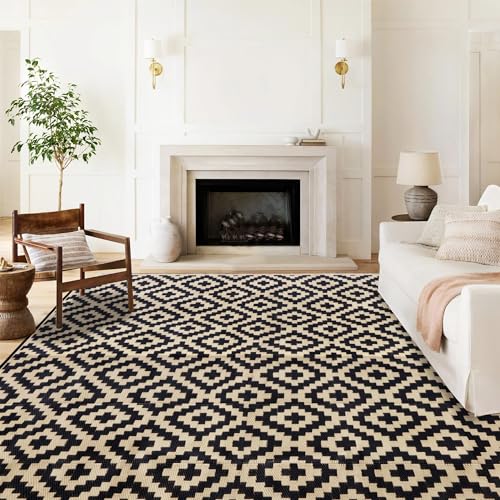 SAND MINE Waterproof Outdoor Rug 8x10 ft, Plastic Reversible Rug, Modern Area Rug, Large Floor Mat for Outdoors, RV, Patio, Backyard, Deck, Picnic, Beach, Camping, Black & Beige