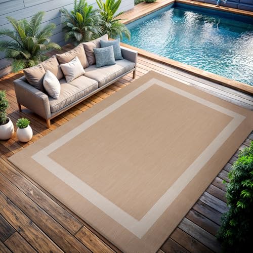 CAMILSON Outdoor Rug 9x12, Large Modern Outside Rugs for Patios Porches Waterproof Durable Washable Non-Shedding, Easy-to-Clean Indoor Outdoor Area Carpet (9 x 12, Bordered - Beige/White)