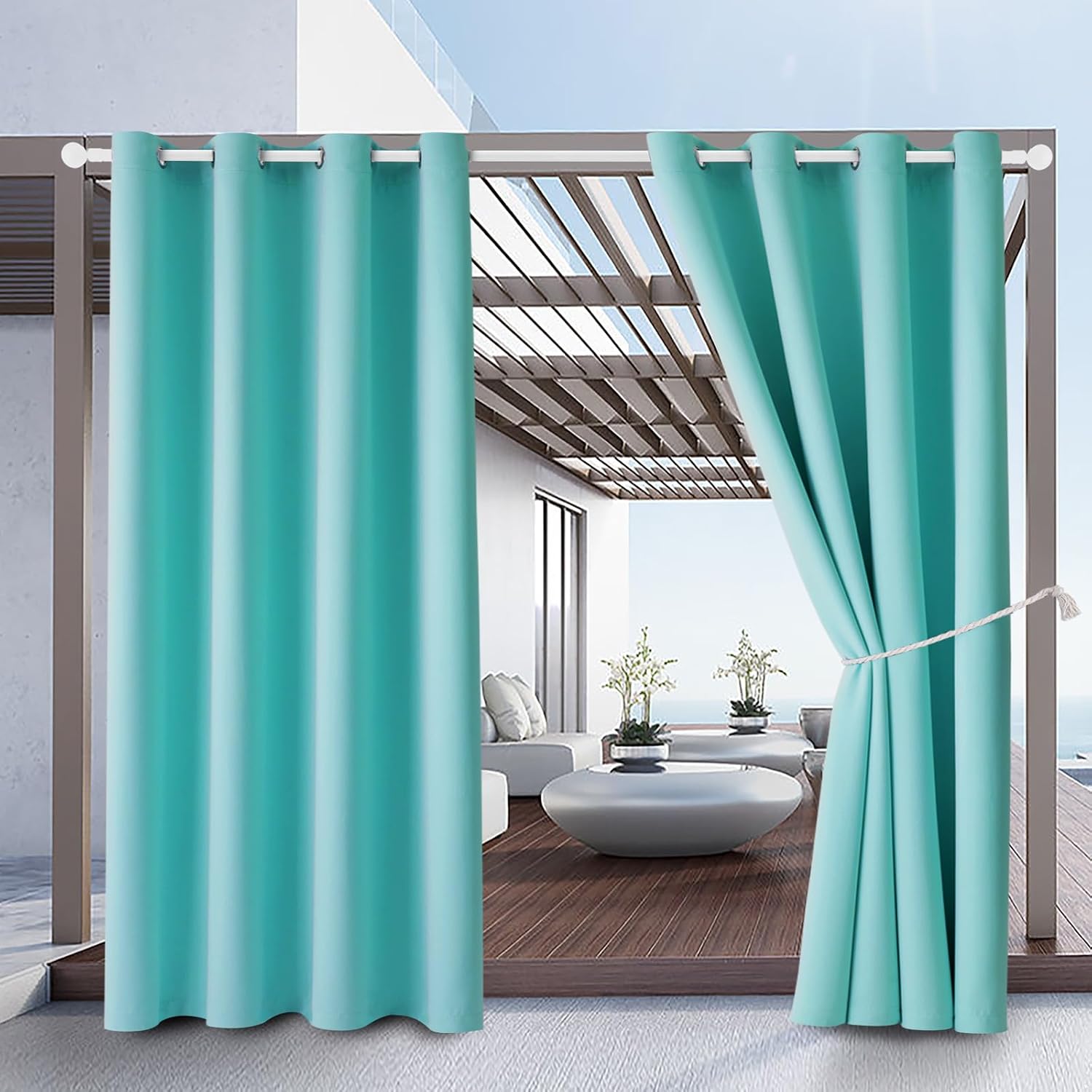 Outdoor Indoor Curtains W52 x L108 for Patio - Weather-resistant Window Panels Privacy Protect Grommet Top Thermal Insulated Home Curtain for Porch Pergola Garden (Teal Blue, 2 Panels)