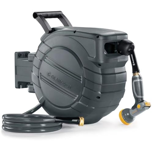 GLAHODEN Retractable Garden Hose Reel 1/2 in x 100 ft, 2025 Upgraded Dual Ratchet Lock UV & Freeze Protection Brass Seal Slow Retraction Anti-Tangle Hose 180Swivel Reinforced Scaffold Wall Mount