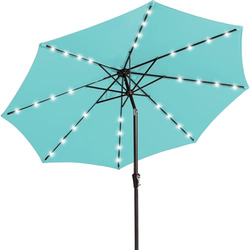 JEAREY 9FT Outdoor Patio Umbrella with Solar Lights, LED Lighted Pool Umbrella with Tilt and Crank, Outdoor Table Umbrellas for Deck, Yard & Market (Turquoise)
