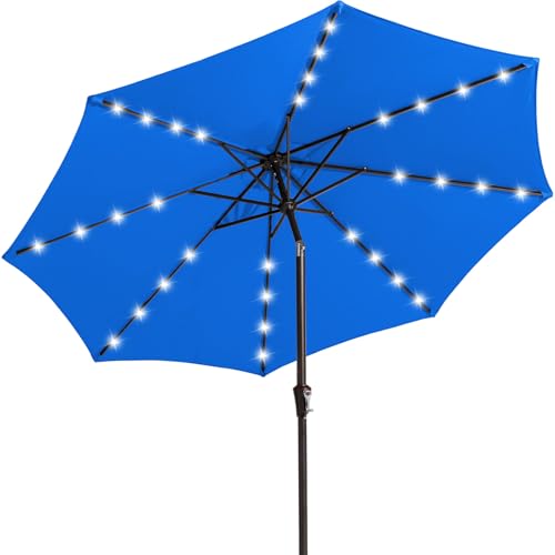 JEAREY 9FT Outdoor Patio Umbrella with Solar Lights, LED Lighted Pool Umbrella with Tilt and Crank, Outdoor Table Umbrellas for Deck, Yard & Market (Royal Blue)