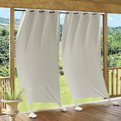 RYB HOME Outdoor Curtains Windproof - Waterproof Blackout Curtain with Weight Bag, Privacy Insulated Drapes for Patio Screen Porch Pergola Terrace Relaxing Area, W 52" x L 96", 2 Pcs, Oatmeal