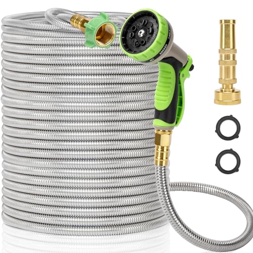 Metal Garden Hose 100FT, Stainless Steel Heavy Duty Water Hose with 10 Function Nozzle & Brass Nozzle, Sturdy and Lightweight, No Kink & Tangle, Easy to Use & Store, Suitable for Yard and Lawn