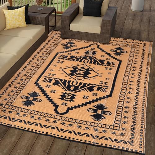 Reversible Mats - 5' x 8' Outdoor Rug, Plastic Straw Rug, Modern Area Rugs, Large Floor Mat for Outdoors, RV, Garden, Patio, Backyard, Deck, Picnic, Beach, Camping, Black & Brown