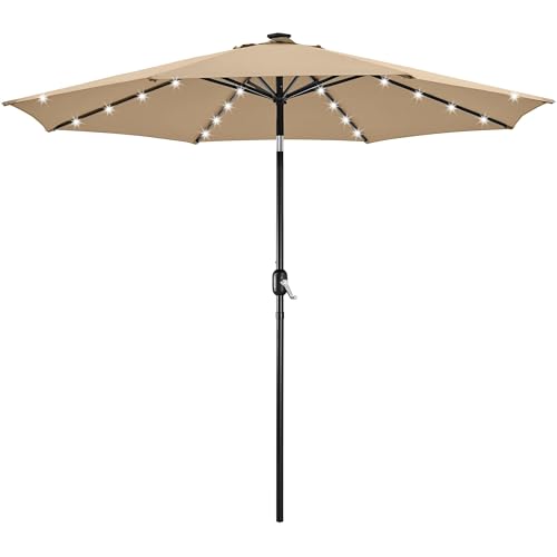 Yaheetech 10FT Solar Powered Patio Umbrella - UV Protection Market Table Umbrella w/ 32 LED Lights & Push Button Tilt & Crank Lift System for Garden/Lawn/Deck/Backyard/Pool,Tan