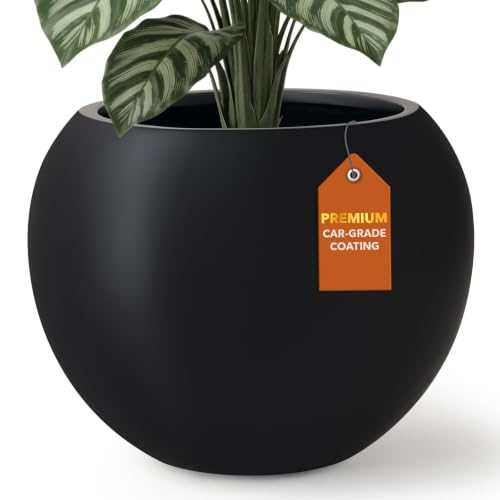 9.7" H x 12" D Globo Fiberstone Round Planter with Drainage Hole, Weather Resistant, Smooth Finish, Planters for Indoor Plants & Outdoor, 2 Extra Coco Mats (Black, 7.8" Pot Opening)