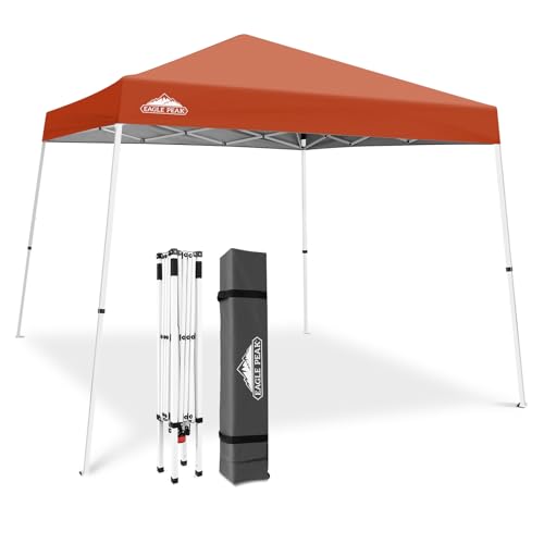 EAGLE PEAK 10x10 Slant Leg Pop-up Canopy Tent Easy One Person Setup Instant Outdoor Beach Canopy Folding Portable Sports Shelter 10x10 Base 8x8 Top (Brick Red)