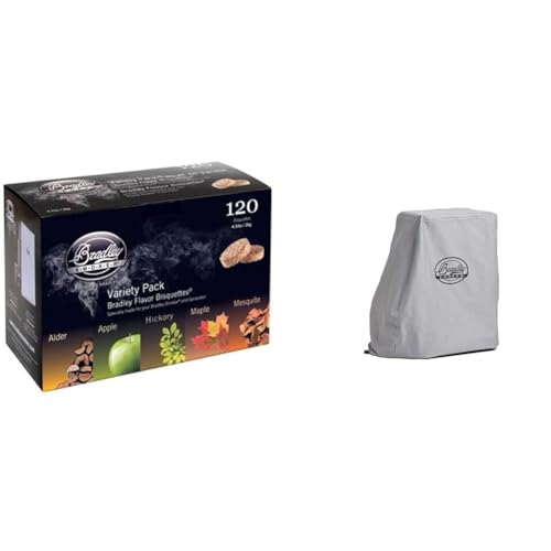 Bradley Smoker Bisquettes For Grilling and BBQ, 5 Flavour Variety, 120 Pack & 990025 Waterproof Electric Smoker Cover For 4-Rack Digital Smoker, Gray