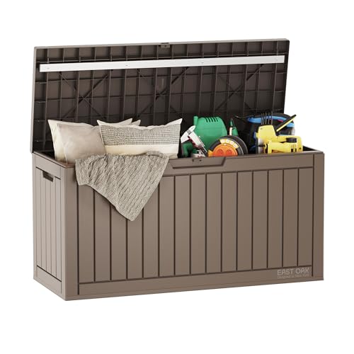 EAST OAK Outdoor Storage Box, 60 Gallon Deck Box Indoor and Outdoor Use, Waterproof Resin Storage Bin for Patio Cushions, Gardening Tools, Lockable, UV Resistant, Brown