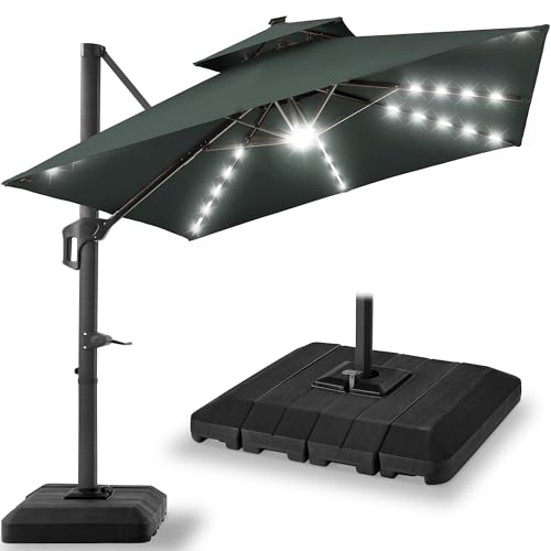 Best Choice Products 10x10ft Cantilever Patio Umbrella w/Base Included, Solar LED Lights 360 Rotation Large Offset Hanging Outdoor Shade for Deck Pool Backyard w/Stand  Slate