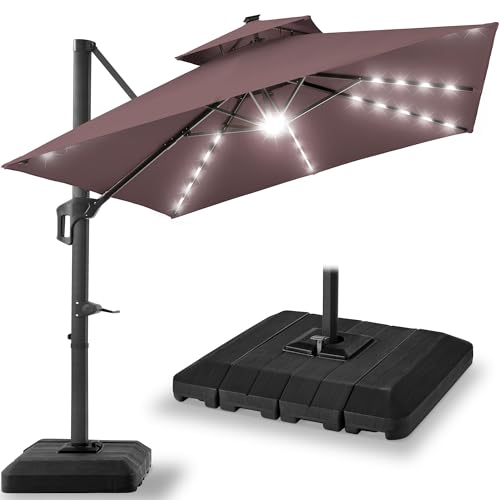 Best Choice Products 10x10ft Cantilever Patio Umbrella w/Base Included, Solar LED Lights 360 Rotation Large Offset Hanging Outdoor Shade for Deck Pool Backyard w/Stand  Deep Taupe
