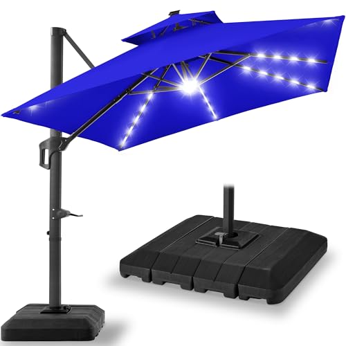 Best Choice Products 10x10ft Cantilever Patio Umbrella w/Base Included, Solar LED Lights 360 Rotation Large Offset Hanging Outdoor Shade for Deck Pool Backyard w/Stand  Resort Blue