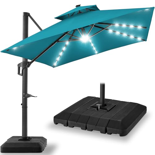 Best Choice Products 10x10ft Cantilever Patio Umbrella w/Base Included, Solar LED Lights 360 Rotation Large Offset Hanging Outdoor Shade for Deck Pool Backyard w/Stand  Cerulean