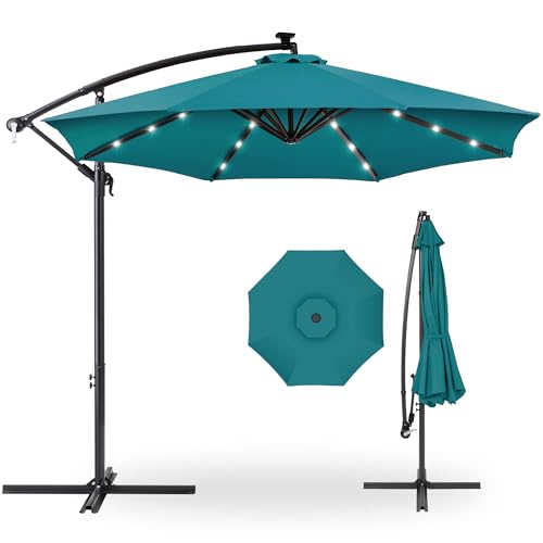 Best Choice Products 10ft Solar LED Offset Hanging Market Patio Umbrella for Backyard, Poolside, Lawn and Garden w/Easy Tilt Adjustment, Polyester Shade, 8 Ribs - Cerulean