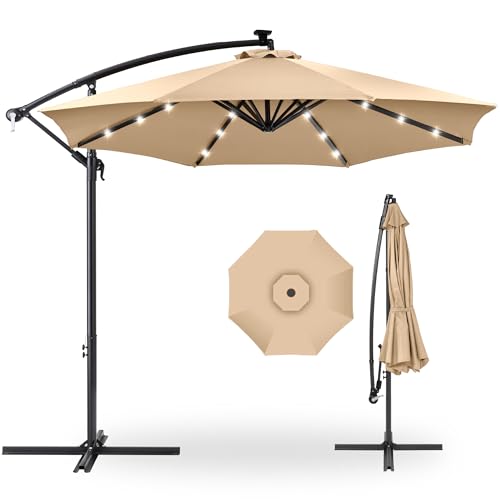Best Choice Products 10ft Solar LED Offset Hanging Market Patio Umbrella for Backyard, Poolside, Lawn and Garden w/Easy Tilt Adjustment, Polyester Shade, 8 Ribs - Sand