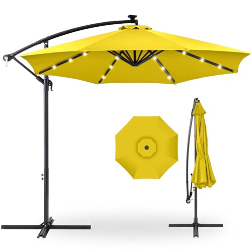 Best Choice Products 10ft Solar LED Offset Hanging Market Patio Umbrella for Backyard, Poolside, Lawn and Garden w/Easy Tilt Adjustment, Polyester Shade, 8 Ribs - Yellow