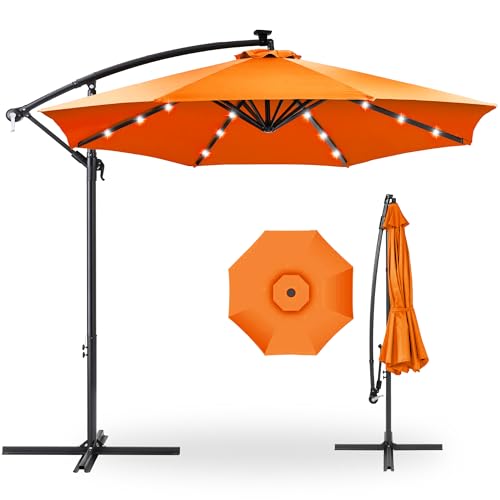 Best Choice Products 10ft Solar LED Offset Hanging Market Patio Umbrella for Backyard, Poolside, Lawn and Garden w/Easy Tilt Adjustment, Polyester Shade, 8 Ribs - Orange