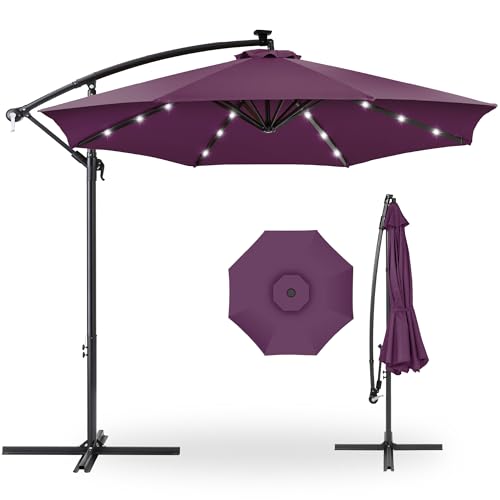 Best Choice Products 10ft Solar LED Offset Hanging Market Patio Umbrella for Backyard, Poolside, Lawn and Garden w/Easy Tilt Adjustment, Polyester Shade, 8 Ribs - Amethyst Purple