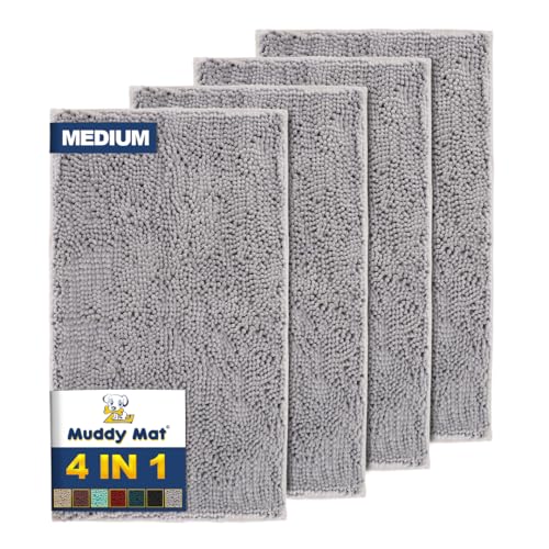 Muddy Mat 4-Piece Grey Medium 30"X19" AS-SEEN-ON-TV Highly Absorbent Microfiber Door Mat, Non Slip Thick Washable, Soft Chenille for Kitchen Bathroom Bedroom Indoor and Outdoor